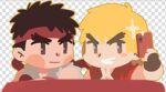 2boys black_hair blonde_hair blush_stickers chibi flat_color forked_eyebrows grin headband holding holding_phone ken_masters lowres male_focus multiple_boys phone ryu_(street_fighter) selfie short_hair smile street_fighter thick_eyebrows upper_body yuiofire 