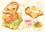  blush blush_stickers bowl bread cheese closed_eyes closed_mouth coffee commentary_request confetti confetti_ball cup egg_(food) food food_focus fried_egg fried_egg_on_toast hitofutarai kirby kirby_(series) lettuce maxim_tomato mug no_humans salad sandwich simple_background smile star_(symbol) toast tomato tomato_slice yellow_background 