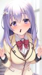  1girl aria. bangs blurry blurry_background blush bow bowtie breasts brown_vest collared_shirt commentary eyelashes food_in_mouth hair_between_eyes hair_ornament hairclip hands_up head_tilt highres incoming_pocky_kiss indoors ise_kotori jacket large_breasts light_purple_hair lips long_hair long_sleeves looking_at_viewer parted_lips pocky_in_mouth pov red_bow red_bowtie riddle_joker school_uniform seductive_smile shirt sidelocks smile solo upper_body valentine vest violet_eyes white_shirt wing_hair_ornament yellow_jacket yuzu-soft 