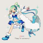  1girl altaria anniversary aqua_eyes aqua_hair arm_warmers asymmetrical_hair bird blue_choker blue_footwear boots breasts choker earrings eyelashes full_body grey_background hand_up heart heart_in_mouth highres jewelry leg_up lisia_(pokemon) long_hair looking_at_viewer medium_breasts navel overskirt pokemon pokemon_(creature) pokemon_(game) pokemon_oras shorts simple_background single_thighhigh solo sparkle striped striped_thighhighs thigh-highs v white_shorts yxyx_ika zettai_ryouiki 