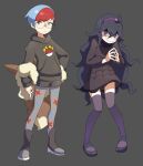  2girls @_@ absurdres backpack bag bangs black_hair blush boots brown_bag closed_mouth commentary_request dress flowers-imh full_body glasses grey_background grey_eyes hairband hex_maniac_(pokemon) highres holding holding_poke_ball hood hoodie long_hair multiple_girls own_hands_together pantyhose penny_(pokemon) poke_ball poke_ball_(basic) poke_ball_print pokemon pokemon_(game) pokemon_sv pokemon_xy purple_hairband redhead round_eyewear shoes short_hair shorts smile standing thigh-highs 