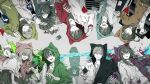  5boys 5girls alternate_color alternate_hair_color amamiya_hibiya animal_hood aqua_hoodie aqua_scarf arms_behind_back arrow_(symbol) bangs black_hair black_hoodie black_sailor_collar black_serafuku black_skirt blue_eyes blue_hoodie can casual cat_hood chain chain-link_fence collar commentary cropped_legs cross-laced_slit dress ene_(kagerou_project) facial_mark facing_away feet_out_of_frame fence from_above from_behind fujiori_(ayacoe727) green_eyes green_hair green_hoodie grey_background grey_collar grey_dress grey_hair grey_shirt grey_skirt grey_thighhighs hair_between_eyes hand_on_another&#039;s_shoulder highres holding holding_can holding_hands hood hood_up hoodie kagerou_project kano_shuuya kido_tsubomi kisaragi_momo kisaragi_shintarou konoha_(kagerou_project) kozakura_marry long_hair long_sleeves looking_at_another looking_at_viewer looking_away looking_to_the_side mekakucity_actors multicolored_background multiple_boys multiple_girls muted_color neck_warmer one_eye_closed open_mouth orange_hoodie parted_lips pedestrian_crossing_sign pink_eyes pink_hoodie pleated_skirt purple_hoodie red_eyes red_hoodie road_sign sailor_collar school_uniform serafuku seto_kousuke shaded_face shirt short_hair sign skirt sleeve_cuffs sleeves_past_elbows smile spray_paint stop_sign surprised sweat tateyama_ayano teeth thigh-highs triangle turn_left_sign two-tone_hoodie upper_body upper_teeth_only upside-down violet_eyes wavy_mouth white_hoodie yellow_eyes yellow_hoodie 