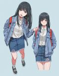  2girls absurdres backpack bag black_hair chainsaw_man collared_shirt cross_scar cutoffs denim denim_jacket grey_jacket hands_in_pockets highres jacket light_blue_background long_hair looking_at_viewer mitaka_asa multiple_girls open_mouth ringed_eyes scar scar_on_cheek scar_on_face shiren_(ourboy83) shirt simple_background skirt smile torn_clothes torn_skirt white_shirt yellow_eyes yoru_(chainsaw_man) 