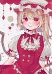  1girl aprin_o6 artist_name bangs blonde_hair bow bowtie closed_mouth commentary_request flandre_scarlet hat hat_ribbon highres long_hair looking_at_viewer mob_cap notice_lines one_side_up puffy_short_sleeves puffy_sleeves red_bow red_bowtie red_eyes red_ribbon red_vest ribbon shirt short_sleeves smile touhou twitter_username upper_body vest white_shirt wings 