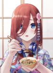  1girl absurdres bangs blue_eyes blush bowl brown_hair chopsticks commentary_request eyes_visible_through_hair floral_print food go-toubun_no_hanayome hair_between_eyes hair_ornament headphones headphones_around_neck highres holding holding_bowl holding_chopsticks ishiyuki japanese_clothes kanzashi kimono long_hair looking_at_viewer nakano_miku open_mouth revision sidelocks solo straight-on teeth upper_body upper_teeth_only uroko_(pattern) yukata 