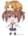  1girl animal_on_head artist_name blue_eyes brown_hair cat cat_on_head chibi hair_ribbon high_school_fleet highres hisagi_maruyama isoroku_(haifuri) misaki_akeno on_head open_mouth ribbon school_uniform serafuku short_hair simple_background skirt 