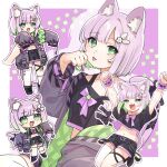  1girl :d :p absurdres animal_ear_fluff animal_ears black_shirt black_shorts border cat_ears cat_girl cat_tail chibi colored_inner_hair commission crop_top cropped_shirt disembodied_limb fang green_eyes green_hair highres indie_virtual_youtuber jacket light_purple_hair long_sleeves longcat_(meme) looking_at_viewer medaka_h2 meme multicolored_hair navel open_clothes open_jacket outline purple_jacket shirt short_hair short_shorts short_sleeves shorts shwaa simple_background single_thighhigh skeb_commission skin_fang sleeves_past_fingers sleeves_past_wrists smile stomach tail thigh-highs tongue tongue_out two-tone_hair virtual_youtuber white_border white_thighhighs 
