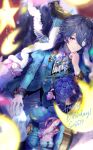  1boy absurdres ascot blue_jacket blue_pants bouquet crescent eyepatch flower formal highres hinose_takeru jacket long_sleeves looking_at_viewer male_focus one_eye_covered ovoshchnoy pants parted_lips purple_flower purple_hair purple_rose rose short_hair smile solo sweet_clown violet_eyes 