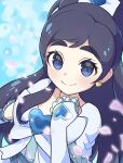 1girl arm_warmers black_hair blue_background blue_eyes brooch cure_white dress earrings futari_wa_precure futari_wa_precure_max_heart hair_ribbon heart heart_brooch heart_earrings highres jewelry long_hair looking_at_viewer petals precure ribbon sgnj1838 short_sleeves smile solo upper_body white_dress white_ribbon yukishiro_honoka