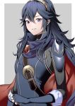  1girl ameno_(a_meno0) armor bangs black_sweater blue_cape blue_eyes blue_gloves blue_hair border cape fingerless_gloves fire_emblem fire_emblem_awakening gloves grey_background grin hair_between_eyes lips long_hair long_sleeves looking_at_viewer lucina_(fire_emblem) outside_border pink_lips red_cape ribbed_sweater shoulder_armor simple_background smile solo sweater symbol-shaped_pupils tiara turtleneck turtleneck_sweater two-tone_cape white_border 