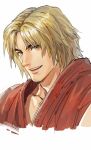  1boy black_hair blonde_hair cropped_shoulders dougi highres ken_masters looking_at_viewer male_focus pectorals short_hair smile solo street_fighter yuiofire 