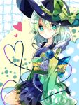  1girl :/ back_bow black_headwear blue_bow bow closed_mouth commentary floral_print flower_in_eye full_body green_bow green_eyes green_hair green_kimono hair_between_eyes hat hat_bow heart heart_of_string highres japanese_clothes kimono komeiji_koishi long_sleeves looking_at_viewer medium_hair nikorashi-ka obi rose_print sash sitting solo symbol_in_eye third_eye touhou wide_sleeves 