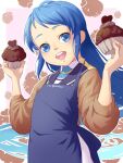  1girl apron blue_eyes blue_hair candy chocolate food heart heart-shaped_chocolate highres kantai_collection long_hair looking_at_viewer muffin naohito_(shin7010) sailor_collar samidare_(kancolle) sidelocks smile sweater very_long_hair 