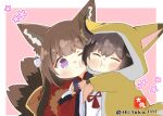  2girls :3 ^_^ amagi-chan_(azur_lane) animal_costume animal_ears azur_lane bangs black_hair blunt_bangs brown_hair cheek-to-cheek closed_eyes commentary_request crossover detached_sleeves eyeshadow fox_costume fox_ears fox_girl fox_tail hair_between_eyes hair_ornament heads_together hug japanese_clothes kaga_(kancolle) kantai_collection kyuubi long_hair long_sleeves looking_at_another makeup multiple_girls multiple_tails rope shimenawa sidelocks signature simple_background smile tail taisa_(kari) thick_eyebrows twintails twitter_username two-tone_background violet_eyes wide_sleeves 