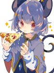  1girl animal_ears capelet closed_mouth commentary eating food grey_capelet grey_hair hands_up highres jewelry long_sleeves looking_at_viewer medium_hair mouse_ears mouse_girl mouse_tail nazrin nikorashi-ka pendant pizza red_eyes shirt simple_background solo sparkle tail touhou upper_body white_background white_shirt 
