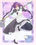  1girl alternate_costume bangs black_footwear bucket commentary_request enmaided floral_background frills full_body gochuumon_wa_usagi_desu_ka? hair_between_eyes hair_ornament hairclip highres holding holding_mop juliet_sleeves kyarahiba long_hair long_sleeves looking_at_viewer maid mop pantyhose puffy_sleeves purple_hair shoes smile solo standing standing_on_one_leg tedeza_rize twintails violet_eyes white_pantyhose 