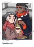  2boys alternate_costume black_eyes black_hair black_hoodie blush border bright_pupils brown_coat buttons closed_mouth coat coffee_cup commentary_request cup dark-skinned_male dark_skin disposable_cup earrings happy_valentine heart heart_print highres holding holding_cup hood hood_down hoodie jewelry kabu_(pokemon) long_sleeves male_focus multiple_boys nyoripoke pokemon pokemon_(game) pokemon_swsh raihan_(pokemon) scarf short_hair smile undercut white_border white_pupils 