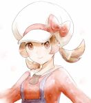  1girl asuka_rkgk bow brown_eyes brown_hair cabbie_hat closed_mouth hat hat_bow long_hair lyra_(pokemon) overalls pokemon pokemon_(game) pokemon_hgss red_bow red_shirt shirt smile solo twintails upper_body white_background white_headwear 