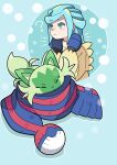  1boy ? blue_mittens closed_eyes closed_mouth commentary_request green_eyes green_hair grusha_(pokemon) highres jacket male_focus medium_hair notice_lines pokemon pokemon_(creature) pokemon_(game) pokemon_sv scarf shirt sprigatito striped striped_scarf sutokame yellow_jacket 