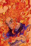  1boy artist_name blonde_hair blurry burning colored_tips demon_slayer_uniform f_rabbit fingernails fire floating_hair forked_eyebrows highres holding holding_sword holding_weapon katana kimetsu_no_yaiba long_hair long_sleeves looking_at_viewer male_focus multicolored_eyes multicolored_hair portrait red_eyes redhead rengoku_kyoujurou sidelocks simple_background solo streaked_hair sword traditional_media weapon yellow_background yellow_eyes 