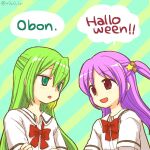  2girls alina_gray blush bow bowtie green_eyes green_hair hair_between_eyes hair_ornament long_hair looking_at_another loose_bowtie magia_record:_mahou_shoujo_madoka_magica_gaiden mahou_shoujo_madoka_magica misono_karin multicolored_hair multiple_girls one_side_up open_mouth purple_hair red_bow red_bowtie red_eyes rioran sakae_general_school_uniform school_uniform shirt sidelocks smile speech_bubble straight_hair streaked_hair white_shirt 