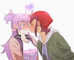  2girls amity_blight blush brown_hair closed_eyes closed_mouth dark-skinned_female dark_skin ear_wiggle imminent_kiss kuma20151225 luz_noceda multiple_girls pointy_ears purple_hair red_headwear the_owl_house yuri 