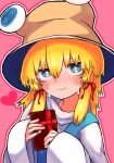  1girl absurdres bandaid bangs blue_eyes blush bright_pupils brown_headwear closed_mouth commentary hair_between_eyes heart highres looking_at_viewer moriya_suwako neritch pink_background sidelocks smile solo sweat touhou upper_body valentine white_pupils wide_sleeves 