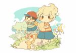  2boys :d :o arm_up arrow_(symbol) backpack bag baseball_cap black_hair blonde_hair blue_shirt blue_shorts blue_sky blush blush_stickers bug butterfly clouds commentary_request day exit_mouse_(mother) flower forest frog grass hat hitofutarai holding holding_map leg_up looking_at_viewer lucas_(mother_3) male_focus map mother_(game) mother_2 mother_3 mouse multicolored_clothes multiple_boys mushroom nature ness_(mother_2) open_mouth outdoors parted_lips path plant quiff red_headwear red_shirt shirt short_hair short_sleeves shorts sideways_hat simple_background sky smile socks solid_oval_eyes sparkle standing standing_on_one_leg striped striped_shirt t-shirt tree tree_stump two-tone_shirt ufo white_background white_socks yellow_shirt 