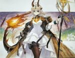  1girl absurdres ahoge arknights black_pantyhose blonde_hair dragon_horns dragon_tail dress flame-tipped_tail gloves green_eyes highres holding holding_staff horns long_hair pantyhose reed_(arknights) reed_the_flame_shadow_(arknights) single_glove staff tail takaaaa thigh_pouch white_dress 