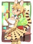  1girl animal_ears bell belt bow bowtie brown_eyes cat_ears cat_girl cat_tail extra_ears highres instrument kemono_friends kemono_friends_v_project kneehighs large-spotted_genet_(kemono_friends) long_hair looking_at_viewer microphone open_mouth ribbon shirt simple_background skirt socks solo suspenders tail twintails virtual_youtuber y0whqzz8bkslezl 