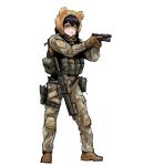  1girl absurdres animal_ears assault_rifle bangs bear_hat belt_pouch black_hair boots borrowed_character brown_footwear brown_gloves camouflage camouflage_pants commentary english_commentary epakim fake_animal_ears full_body gloves gun hair_between_eyes handgun highres holding holding_gun holding_weapon holster knee_pads lanyard light_blush load_bearing_vest long_sleeves magazine_(weapon) medium_hair mole mole_under_mouth original pants pouch rifle simple_background sketch solo standing tactical_clothes thigh_holster weapon white_background yellow_eyes 