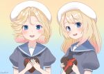  2girls absurdres bangs blonde_hair blue_eyes blue_sailor_collar candy chocolate commentary_request dress food gradient_background hat heart heart-shaped_chocolate highres janus_(kancolle) jervis_(kancolle) kantai_collection long_hair looking_at_viewer multiple_girls parted_bangs sailor_collar sailor_dress sailor_hat sakurai_nana_(moshichi) short_hair upper_body white_dress white_headwear 