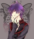  1boy black_jacket bug butterfly grey_background hikage_(kokuchou_no_psychedelica) houkiri_nemu jacket kokuchou_no_psychedelica long_sleeves looking_at_viewer male_focus mole mole_under_eye multicolored_clothes multicolored_jacket purple_hair red_jacket short_hair solo violet_eyes 