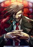  1boy artist_name beard chair coat collared_shirt facial_hair guilty_gear k-suwabe long_sleeves looking_at_viewer male_focus manly mature_male monocle mustache necktie own_hands_clasped own_hands_together portrait red_necktie shirt sitting slayer_(guilty_gear) smoking_pipe solo spiky_hair 