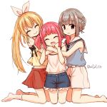  3girls absurdres aged_down bangs barefoot blonde_hair blue_shorts blush braid closed_eyes closed_mouth grey_hair hair_ribbon highres hug long_hair looking_at_viewer magia_record:_mahou_shoujo_madoka_magica_gaiden mahou_shoujo_madoka_magica mikuri_ayame multiple_girls open_mouth pink_hair ponytail ribbon rioran sailor_collar shirt shizumi_konoha short_hair shorts simple_background skirt sleeveless smile socks violet_eyes white_background white_shirt white_shorts white_socks yusa_hazuki 