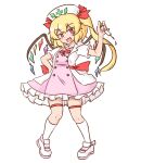 1girl :d alternate_costume bangs bright_pupils commentary_request cross crystal fang flandre_scarlet full_body hand_on_hip hat holding holding_syringe looking_at_viewer mizusoba nurse nurse_cap one_side_up red_eyes short_sleeves simple_background skin_fang smile socks solo syringe thigh_strap touhou white_background white_footwear white_headwear white_pupils white_socks wings 