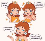  1girl blue_eyes brown_hair cremanata crown earrings english_text highres jewelry medium_hair middle_finger open_mouth orange_shirt pointing princess_daisy shirt simple_background speech_bubble super_mario_bros. teeth tongue tongue_out upper_teeth_only white_background 