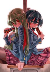  2girls aizawa_nagisa_(jitsu_wa) bangs black_pantyhose blue_hair box box_of_chocolates closed_mouth desk fang frown green_eyes grey_hair hair_between_eyes highres holding holding_box jitsu_wa_watashi_wa long_hair long_sleeves looking_at_viewer masuda_eiji multiple_girls object_through_head orange_eyes pantyhose school_desk school_uniform screw_in_head shiragami_youko shirt sitting skirt smile valentine 