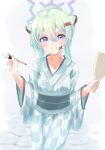  1girl :p animal_ears blue_archive blush commentary_request facepaint green_kimono hagoita hair_between_eyes hair_ornament hairclip halo highres holding holding_brush japanese_clothes kimono light_green_hair looking_at_viewer noko_(nco029685627) paddle shigure_(blue_archive) shigure_(hot_spring)_(blue_archive) short_hair simple_background solo stone_floor tongue tongue_out violet_eyes weasel_ears white_background yagasuri 