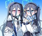  &lt;key&gt;_(blue_archive) 2girls aris_(blue_archive) black_hair blue_archive blue_eyes commentary_request dual_persona duplicate eating hairband halo highres jacket korean_commentary multiple_girls pink_eyes pixel-perfect_duplicate school_uniform simple_background spoilers yanggaengwang 