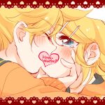  ahoge bangs blonde_hair blush cardigan censored close-up closed_eyes ear_blush eyelashes face-to-face framed grabbing_another&#039;s_chin grey_sailor_collar hair_ornament hairclip hand_on_another&#039;s_chin happy_valentine heart heart_censor kagamine_len kagamine_rin kiss lace mimi_mine open_mouth orange_cardigan sailor_collar spiky_hair swept_bangs vocaloid 