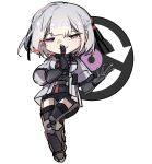  1girl absurdres black_gloves black_shorts blueblossom chibi commentary finger_to_mouth full_body girls_frontline gloves grey_hair highres jacket looking_at_viewer rpk-16_(girls&#039;_frontline) short_hair shorts shushing simple_background smile solo thigh-highs violet_eyes white_background 