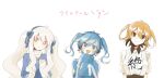  3girls :d aaniko alternate_hairstyle arms_at_sides black_shirt blue_bow blue_eyes blue_hair blue_hairband blue_ribbon blue_shirt bow breasts bright_pupils brown_eyes buttons clothes_writing collared_jacket collared_shirt colored_eyelashes commentary_request dot_nose dress emoji ene_(kagerou_project) expressionless facial_mark hair_between_eyes hair_bow hair_ribbon hairband jacket kagerou_project kanji kisaragi_momo kozakura_marry large_breasts long_hair looking_at_viewer mekakucity_actors multiple_girls negative_space open_mouth orange_hair parted_lips pink_eyes pinstripe_pattern pinstripe_shirt popped_collar ribbon shirt short_sleeves simple_background sketch sleeves_past_fingers sleeves_past_wrists smile striped track_jacket translated turtleneck twintails two-tone_shirt two_side_up upper_body very_long_sleeves wavy_hair white_background white_hair white_pupils white_shirt 
