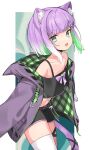  1girl :d animal_ear_fluff animal_ears bangs bare_shoulders belt black_shirt black_shorts blunt_bangs cat_ears cat_girl colored_inner_hair commission crop_top cropped_shirt fang gradient_hair green_eyes green_hair highres indie_virtual_youtuber jacket long_sleeves looking_at_viewer multicolored_hair navel off_shoulder open_clothes open_jacket purple_jacket second-party_source shirt short_hair short_shorts shorts shwaa signal_1120 single_thighhigh skeb_commission skin_fang smile thigh-highs virtual_youtuber white_hair white_thighhighs 