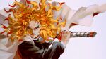  1boy blonde_hair cape closed_mouth colored_tips demon_slayer_uniform f_rabbit fighting_stance flame_print floating_cape floating_clothes floating_hair forked_eyebrows highres holding holding_sword holding_weapon katana kimetsu_no_yaiba long_hair long_sleeves male_focus multicolored_hair ready_to_draw redhead rengoku_kyoujurou simple_background smile solo streaked_hair sword traditional_media upper_body veins weapon white_background white_cape yellow_eyes 