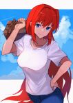  1girl aozaki_aoko blue_eyes blue_pants blue_sky breasts clouds cloudy_sky hand_on_hip highres large_breasts long_hair looking_at_viewer nasubin_(nasubisamurai15) pants redhead shirt sky smile solo suitcase tsukihime white_shirt 
