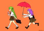  2girls alina_gray bag belt_pouch bow bowtie brown_footwear brown_skirt closed_mouth from_side full_body green_hair hair_ornament holding holding_umbrella layered_sleeves loafers long_hair long_sleeves loose_socks magia_record:_mahou_shoujo_madoka_magica_gaiden mahou_shoujo_madoka_magica misono_karin multicolored_hair multiple_girls open_mouth orange_ribbon paint_stains plaid plaid_skirt pouch purple_hair rag red_bow red_bowtie red_umbrella ribbon rioran running sakae_general_school_uniform school_uniform shirt shoes short_over_long_sleeves short_sleeves simple_background single_hair_ring skirt socks star_(symbol) star_hair_ornament streaked_hair umbrella walking white_shirt white_socks 