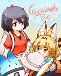  2girls animal_ear_fluff animal_ears backpack bag black_hair black_pantyhose black_undershirt blonde_hair blush bow brown_eyes cat_ears elbow_gloves english_text eyelashes feather_hair_ornament feathers gloves grey_eyes hair_ornament hat kaban_(kemono_friends) kemono_friends lucky_beast_(kemono_friends) multiple_girls pantyhose red_shirt serval_(kemono_friends) serval_print shirt shorts tail temetemetomo white_bag 