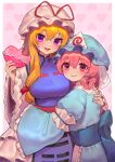  2girls :3 :q absurdres bangs blue_headwear blue_kimono candy chocolate closed_mouth commentary_request dress food food_on_face hat hat_ribbon heart heart-shaped_chocolate highres holding hug japanese_clothes kimono long_hair long_sleeves looking_at_viewer medium_hair mob_cap multiple_girls open_mouth pink_eyes pink_hair purple_nails purple_tabard qiu_ju ribbon saigyouji_yuyuko smile tabard tongue tongue_out touhou triangular_headpiece upper_body violet_eyes white_dress white_headwear wide_sleeves yakumo_yukari 