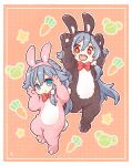  2girls :&lt; :d animal_ears bangs black_hair blue_eyes border bow bowtie cabbage carrot chibi closed_mouth dual_persona fake_animal_ears fu_hua fu_hua_(herrscher_of_sentience) full_body headband highres honkai_(series) honkai_impact_3rd long_hair looking_at_viewer mon_momu multiple_girls onesie open_mouth orange_background polka_dot polka_dot_background rabbit_ears red_bow red_bowtie red_eyes smile white_border 